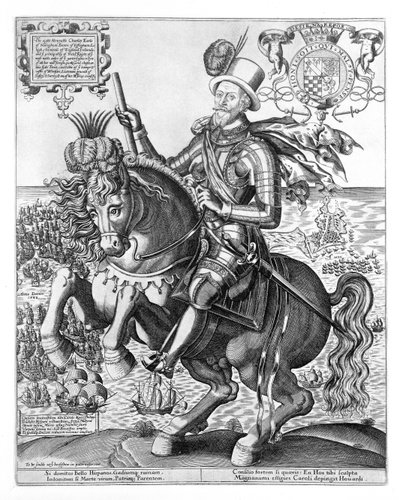 Rytterportræt af Charles Howard (1536-1624) 2. baron Howard af Effingham, 1. jarl af Nottingham, indgraveret af Thomas Cockson (fl.1591-1636) c.1597-1603 af English School